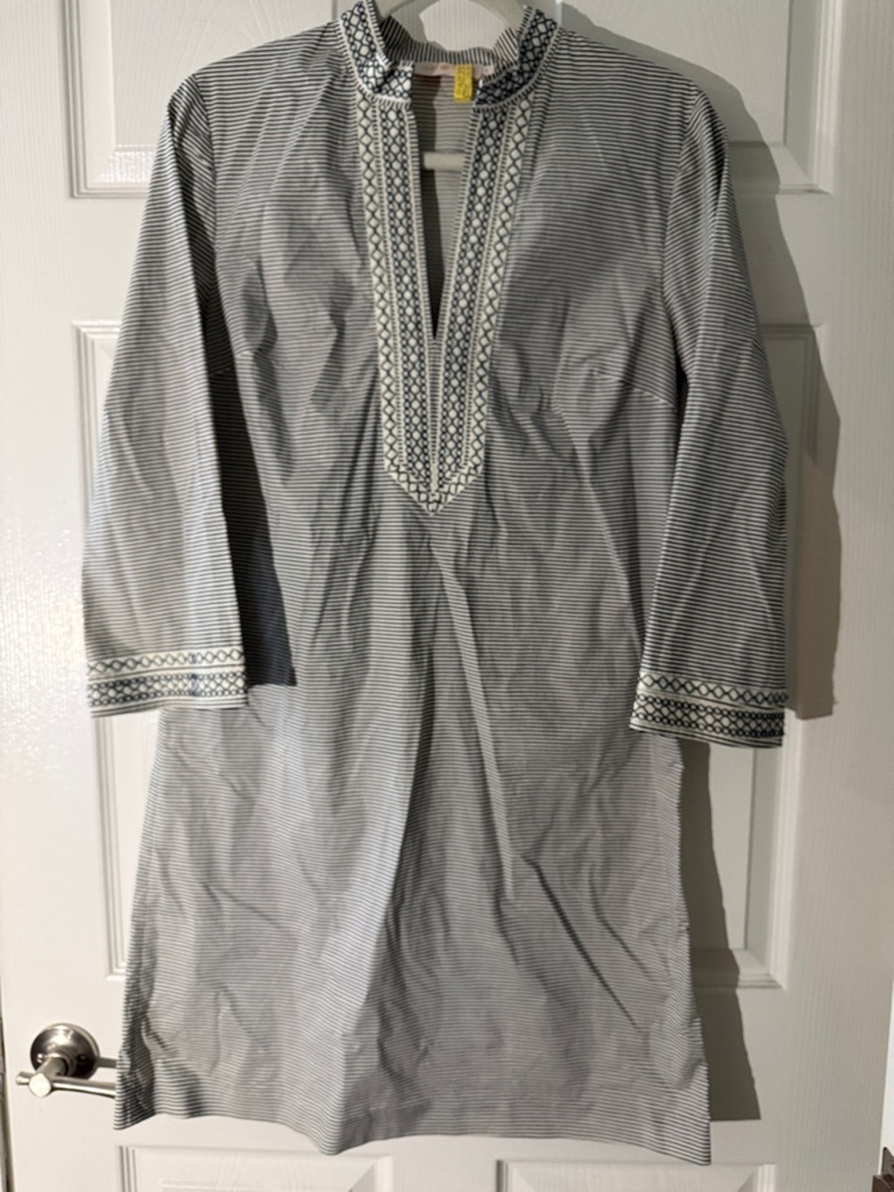 Tory Burch Navy and White Embroidered Long-Sleeve Tunic